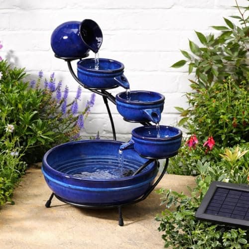 Image of Festive Lights - 49cm Solar Ceramic Blue Bowl Neptune Cascade Water Feature - Glazed Finish, Outdoor Garden Fountain, Weather-Resistant, IP44 Rated, Self-Contained Design, 3m Cable & External Panel