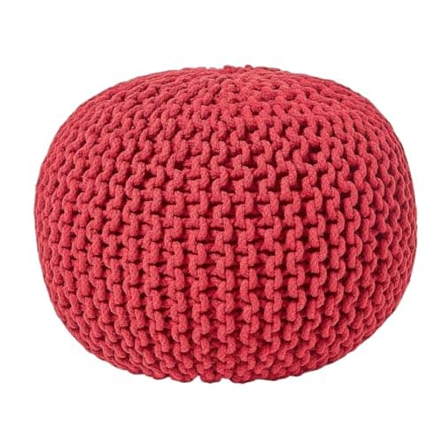Image of Laam linen Round Chunky Handmade Knitted Pouffe Footstool Bean Large 50x50x30cm, 100% Cotton Filling for Living Room Stool, Suitable For Resting Feet Knitted Pouffe (Red)