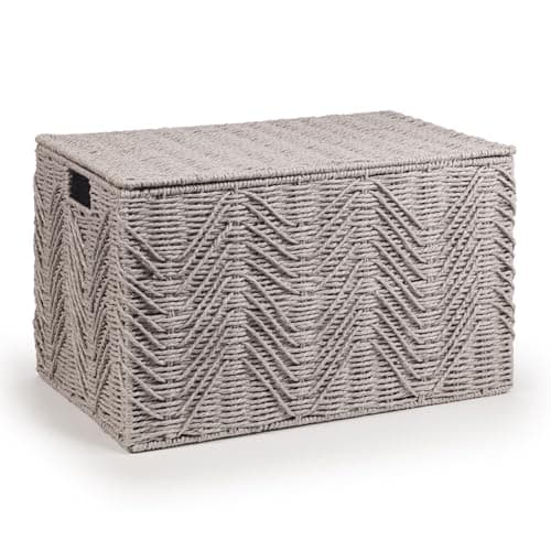Image of woodluv Storage Basket Trunk Chest, Woven Storage Basket with Lid, Storage organiser, Basket Storage Bedding, Blanket & Toy Box, Medium - Grey