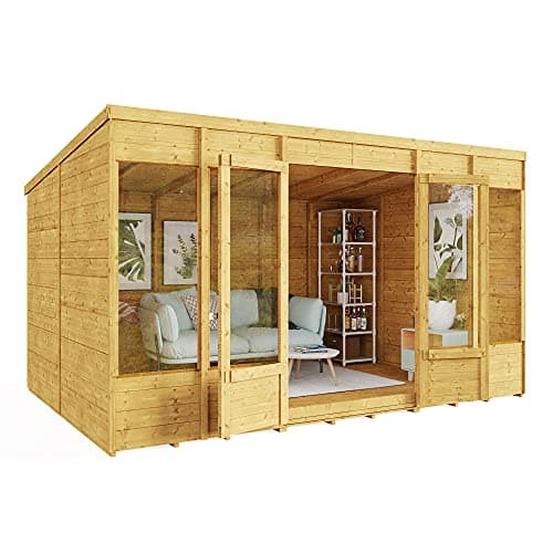 Image of BillyOh Bella 12 x 8 Summer House Shed, Modern Pent Roof Log Cabin | Spray Treated - Garden Room with Wide Double Doors, Tongue and Groove Construction | Versatile Tiny Home or Garden Office