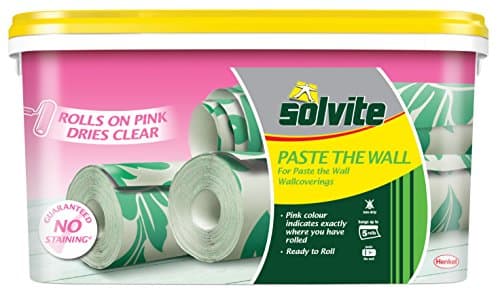 Image of Solvite Paste the Wall, Ready to Roll, Wallcoverings Adhesive, Extra Strong, Non-drip Formula, Hangs up to 5 Rolls, Rolls on Pink, Dries Clear, Guaranteed No Staining, 4.5kg