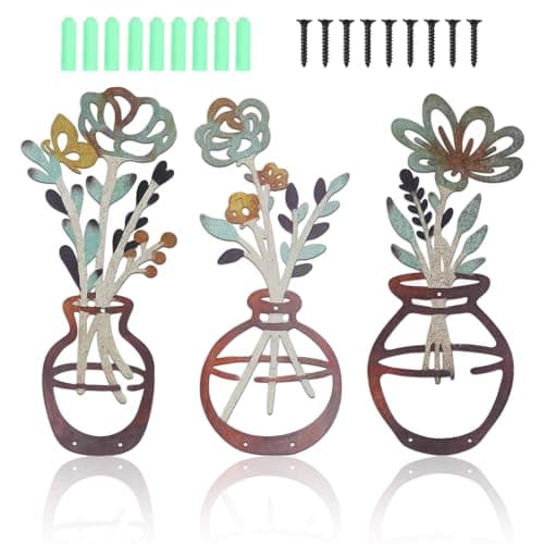Image of 3Pcs Metal Flowers Wall Arts, Colorful Metal Wall Art Decoration Minimalist Floral Line Hanging Wall Sculpture Flower in Vase Wire Artwork Decor for Living Room Bathroom Bedroom Kitchen Patio (A)