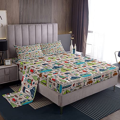 Image of Loussiesd Rustic Farmhouse Style Bedding Set Colorful Camper Bed Sheet Set for Kids Adult Great Camping Fitted Sheet Woodland Hiking Adventure Bed Cover King Size 4Pcs