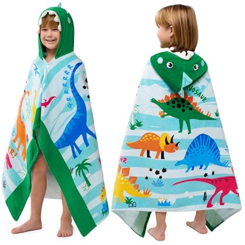 Image of Joiedomi Hooded Towels for Kids Dinosaur Soft 100% Cotton Kids Beach Towel 30" x 50"/ 75 x 120cm for 3-10 Years Boys Girls Beach Hooded Poncho Absorbent Pool Toddler Swim Bath Wrap