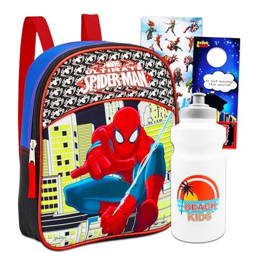 Image of Marvel Spiderman Mini Toddler Preschool Backpack (11") Set with Water Bottle and Stickers (Spider-Man School Supplies Bundle)