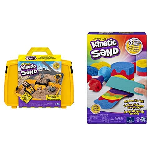 Image of Kinetic Sand, Construction Site Folding Sandbox Playset with Vehicle and 907g, for Kids Aged 3 and Up & , Rainbow Mix Set with 3 Colours of (382g) and 6 Tools, for Kids Aged 3 and Up