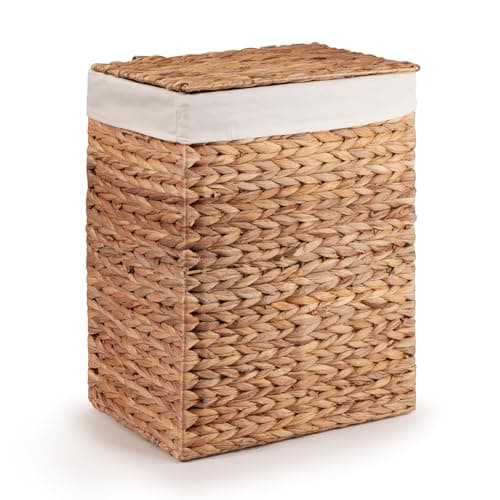Image of Woodluv Laundry Basket With lid Medium, Water Hyacinth Laundry Hamper, Wicker Bin Storage Organiser, Washing Basket for Dirty Clothes Bathroom, Natural, 38 x 28 x 48 (H) cm