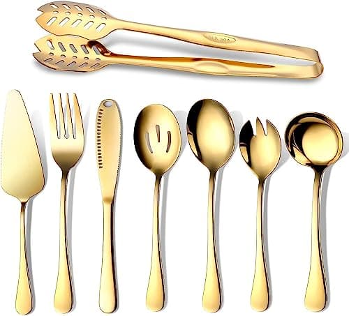 Image of OGORI Gold Cutlery Serving Set 8 Pieces, Stainless Steel Flatware Silverware Includes Serving Spoon, Soup Spoon, Cake Server, Fork, Salad Fork, Butter Knife