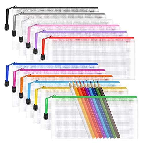 Image of A6 Mesh Pencil Pouch Zipper File Bags,12PCS Clear Pencil Case Plastic Wallets Folders Waterproof Storage Pouch for School Supplies, Bills, Cosmetics, Stationery and Travel Accessories,12 Colours