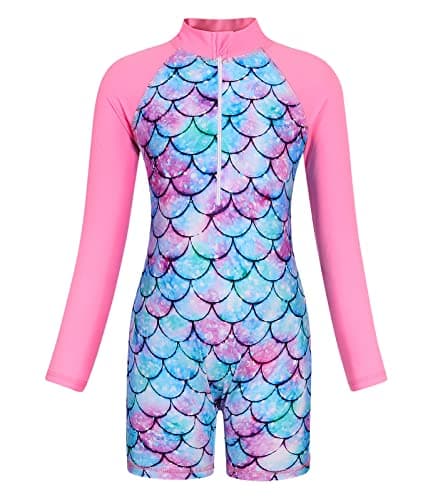 Image of AmzBarley Girls Swimming Costume Kids One Piece Swimsuit Mermaid Swimwear Zipper Bathing Suit Long Sleeve Surfing Swimming Rash Guard Pink Age 5-6 Years Size 120