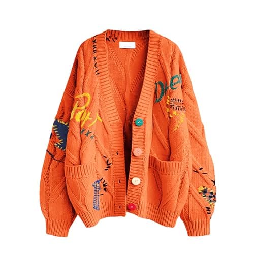 Image of ebossy Women's Cable Knit Long Sleeve Open Front Cardigan Sheep V-Neck Button Down Embroidery Wool Blend Sweater Coat Outwear, Orange, L
