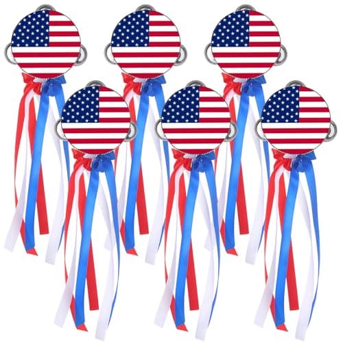 Image of 6 Pcs 4 Inch Independence Day Tambourines Drum Kit Handheld Percussion Drum with Metal Jingles 4th of July Flag Drum for Parades Veterans Day Patriotic Party Instrument Musical Educational Tambourine