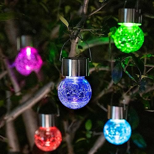 Image of GIGALUMI 8 Pack Solar Hanging Lights: Multi-Color Changing Cracked Glass Hanging Ball Solar Outdoor Lights - Waterproof Lanterns for Garden, Yard, Patio, Lawn