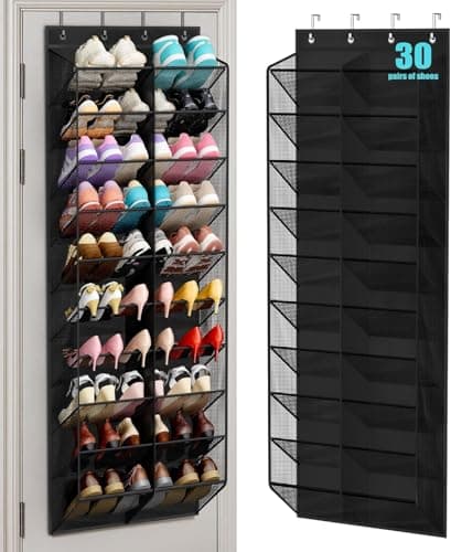 Image of MISSLO 30 Pairs Over Door Shoe Storage, Breathable Hanging Shoe Rack with 20 Wide Pockets, 10 Layers Shoes Organiser for Wardrobe Door Storage Fit Sneakers, Boots Holder Hanger (Black, 71")