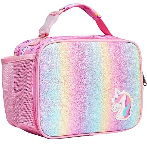 Image of Bagseri Lunch Bag for Girls - Insulated School Lunch Box with Bottle Holder, Portable Reusable Thermal Cooler Tote for Nursery, 6L Capacity, Glitter Pink Unicorn (Water Bottle Not Included)