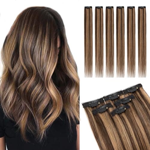 Image of Elailite Real Hair Clip In Extensions Human Hair Double Weft 6 Pcs Seamless Highlights Hairpieces Straight Remy - #2/6 Dark Brown Mix Light Brown - 18 Inch 44g