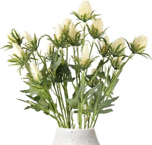 Image of HUIANER 2 Stems Artificial Thistle Spray Eryngium Flowers Artificial Real Touch Eryngium Artificial Sea Holly Flowers for Wedding Bridal Bouquet Wreath Table Centerpiece Outdoor Decor (White)