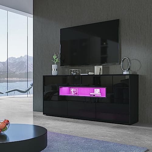 Image of Black Gloss Sideboard for Living Room, LED Sideboard Storage Cabinet 5 Drawers 3 Doors and 1 Open Shelf, High Gloss TV Stand Unit, Home Furniture 150 * 35 * 72cm