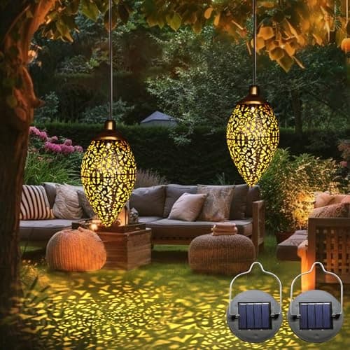 Image of 2 Pack Solar Lantern Lights, Vintage Hanging Solar Lights Outdoor Garden Lantern Waterproof Metal Lamp Garden Ornaments for Birthday Gifts Patio Backyard Porch Lawn Tree Pathway