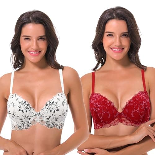 Image of Curve Muse Women's Underwire Plus Size Push Up Add 1 and a Half Cup Lace Bras -2PK-White/Black,Red/White-32DDD (EU:70F)