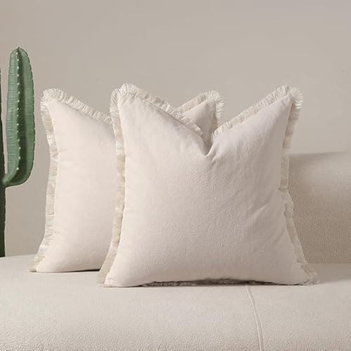 Image of Tennove Cushion Covers 50x50cm Set of 2 Decorative Boho Throw Pillow Case with Fringe Tassels Washed Cotton Linen Soft Farmhouse Pillow Cover for Home Sofa Bed Room,Beige