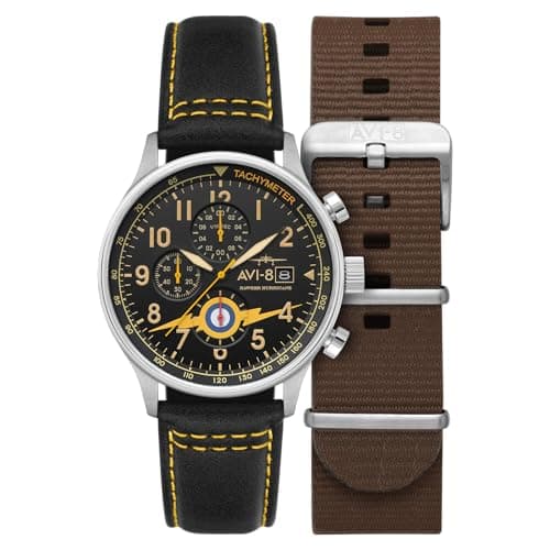 Image of AVI-8 Men's 43.5mm Hawker Hurricane Classic Chronograph Lightning Orange Watch with Leather Strap AV-4011-0Z