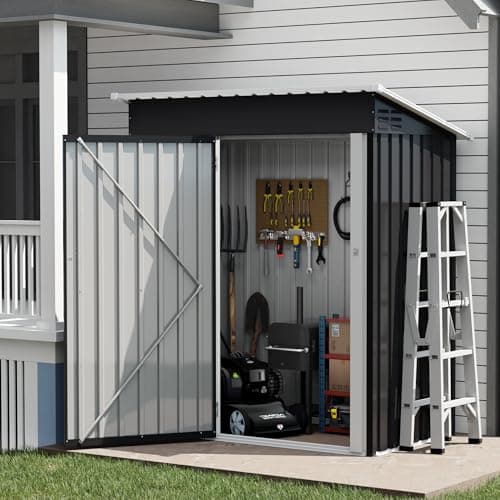 Image of UDPATIO Outdoor Garden Storage Metal Shed 5x3 FT for Firewood,Garbage Can,Tools,Lawnmower,Bike Shed Waterproof Log Store for Backyard Patio,Galvanized Steel with Lockable Door, Dark Grey
