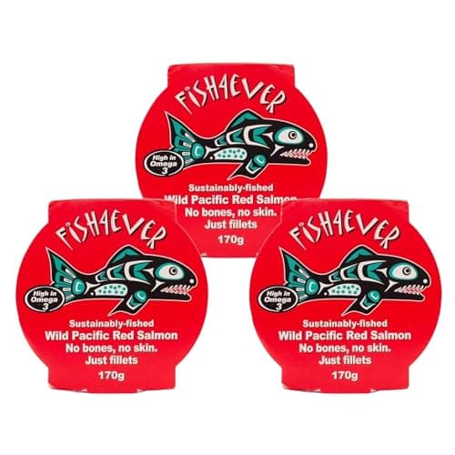 Image of Fish 4 Ever | Red Pacific Wild Salmon In Brine Filleted - Sustainably Fished. Tin Canned Food Rich In Omega-3. Great Used In Pasta Salad, Noodle Dishes, Sandwich Filler And More |170g (Pack of 3)