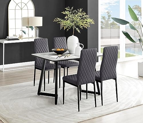 Image of Furniturebox UK Carson White Marble Effect Dining Table & 4 Grey Velvet Milan Black Leg Chairs