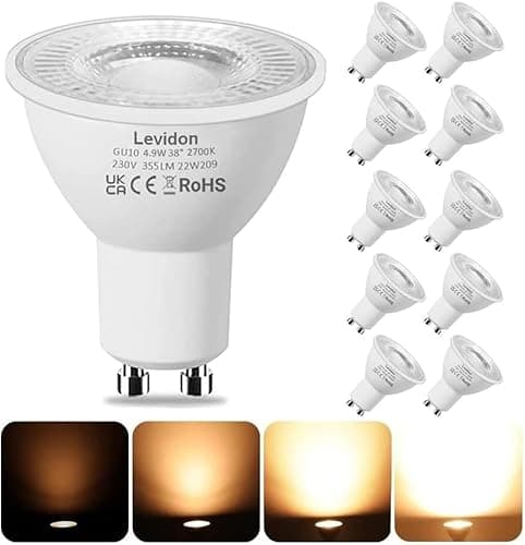 Image of Levidon GU10 LED Bulbs Dimmable, Warm White 2700K, 50W Halogen Spotlight Replacement, 4.9W Dimmable GU10 LED Bulbs, 220-240V 355LM 38° Narrow Beam Angle - Pack of 10