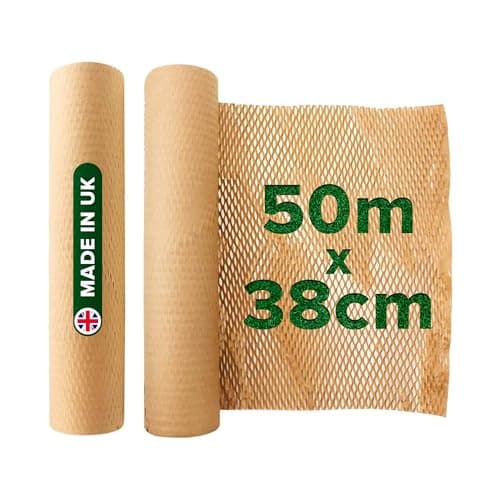 Image of Honeycomb Sustainable thick Paper Packaging Roll 38 cm x 50 m, Eco-Friendly* Brown Craft bubble wrap cushioning for Breakables, Packing, Fragile, Shipping, Moving House, Gift. Proudly made in the UK