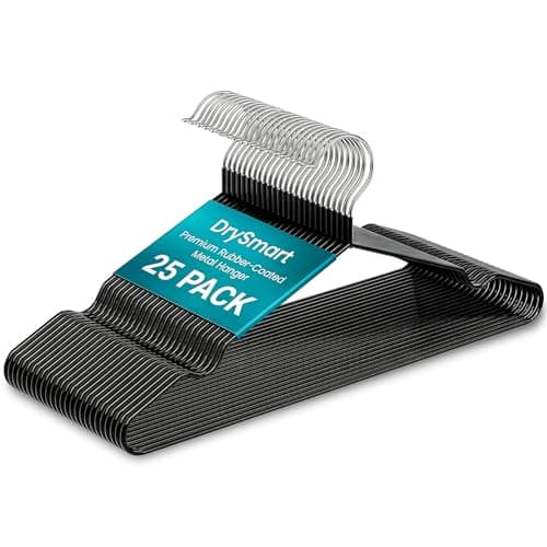 Image of DrySmart 25 Pack Premium Rubber-Coated Metal Clothes Hangers – Heavy-Duty, Non-Slip, Space-Saving Coat Hangers for Adults, Ideal for Shirts, Suits, Jackets & Wardrobes (Black)