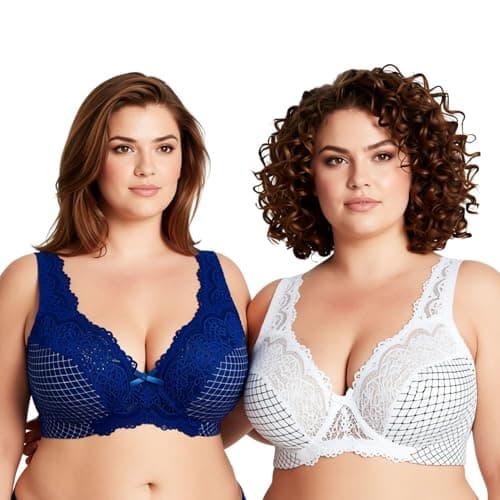 Image of Curve Muse Women's Minimizer Unlined Underwire Bra with Lace Embroidery-2 Pack-Buttermilk Print,Blue Print-34B (EU:75B)