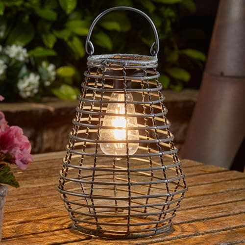Image of Festive Lights - 26.5cm Grey Maris Solar Hanging Garden Lantern - Outdoor LED Light with Filament-Style Bulb, Faux Wicker, Warm White Glow - IP44 Weather-Resistant, Stylish Decor for Pergolas & Tables