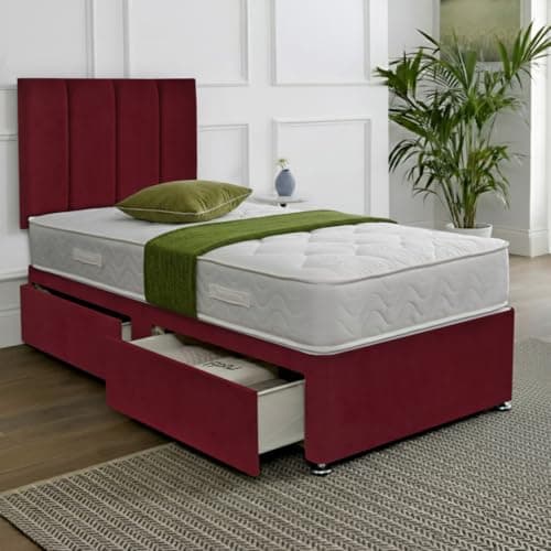 Image of SANA SLEEP Single Divan Bed with Orthopedic, Posture Support, Multi-Layer Pocket Sprung Mattress, Headboard & 2 Drawers – Plush Mulberry Fabric, 3FT UK Made, Bedroom, Guest & Kids’ Room, Space-saving