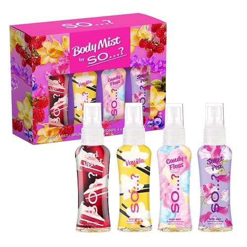Image of SO? Body Mist By So? Womens Mini Mist Body Mist Gift Set, with Red Velvet, Vanilla, Candy Floss & Sweet Pea, Fragrance Spray Set, (4x50ml)