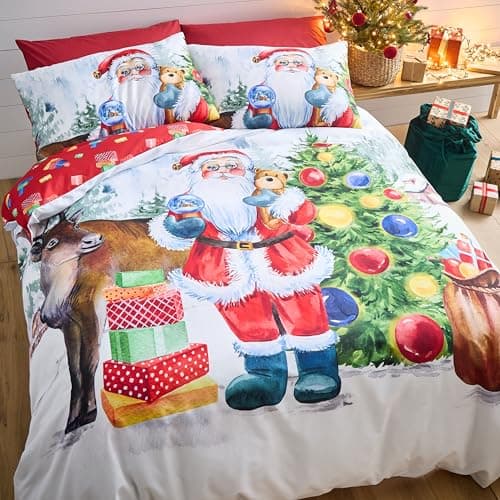 Image of Catherine Lansfield Christmas Retro Santa Reversible King Duvet Cover Set with Pillowcase White