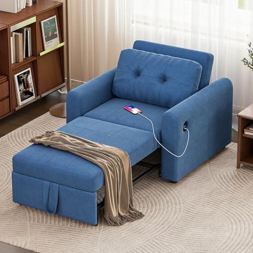 Image of Luxstein Single Sofa Bed, 3-in-1 Convertible Sleeper Sofa Chair with Adjustable Backrest, USB Port and Side Pockets, Pull Out Sofa Beds for Living Room Guest Room Office, Blue