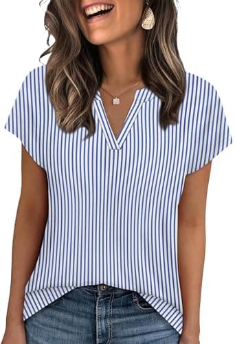 Image of WIHOLL T Shirts for Women V Neck Summer Tops Ladies Short Sleeve Casual Tee Blue Vertical Stripes Size 14-16