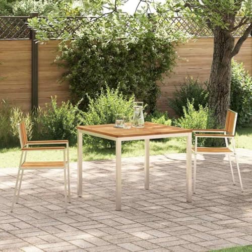 Image of Owoxanthellate 3-piece Outdoor Dining Set Brown 90 x 90 cm Solid Acacia Wood Table & 2 Chairs with Stainless Steel Frame Small Patio Bistro Set for Garden Balcony and Terrace