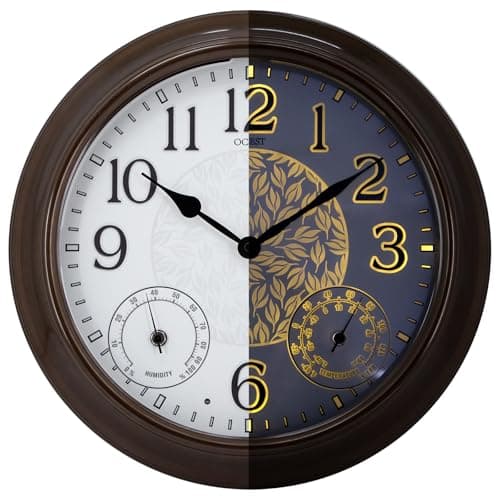Image of OCEST 15 Inch Illuminated Large Outdoor Clock Waterproof, Night Light Illuminated Wall Clocks with Smart LED Sensor, Temperature and Humidity Combo for Garden Patio Pool Garage (Metal)