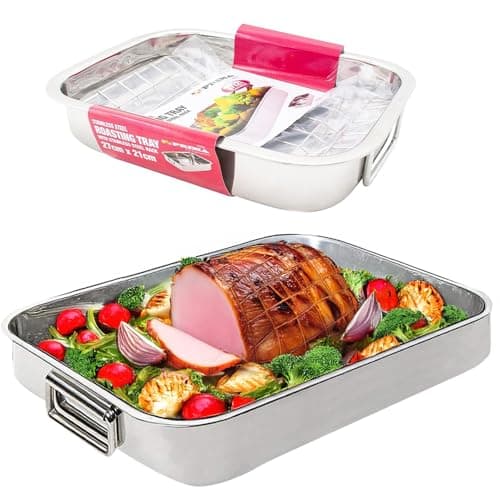 Image of Stainless Steel Roasting Trays - Oven Pan Dish Baking Roaster Tray Grill Rack | Strong Durable, Long Lasting | Removable Grill Racks | Handles (37Cm X 28.5Cm)