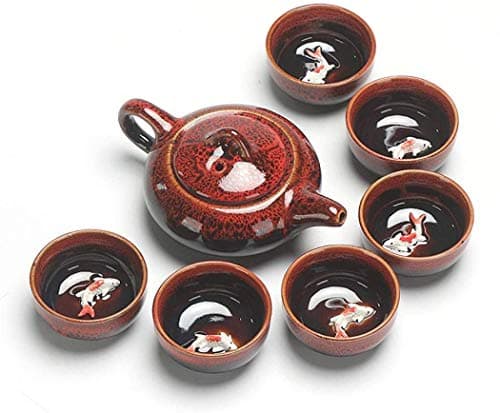Image of Kung Fu Teapot and Cup Set, Kung Fu Tea Set, Chinese and Japanese Retro Handmade, Porcelain Teapot, 6 Tea Cups, Gift Box (Red)