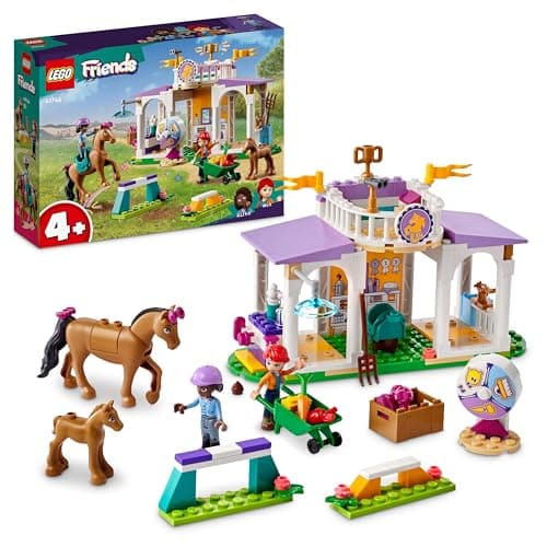 Image of LEGO Friends Horse Training Pony Stable Set with 2 Toy Horses, Aliya and Mia Mini-Doll Figures, Animal Care Gift for Kids, Girls and Boys Aged 4 Plus 41746