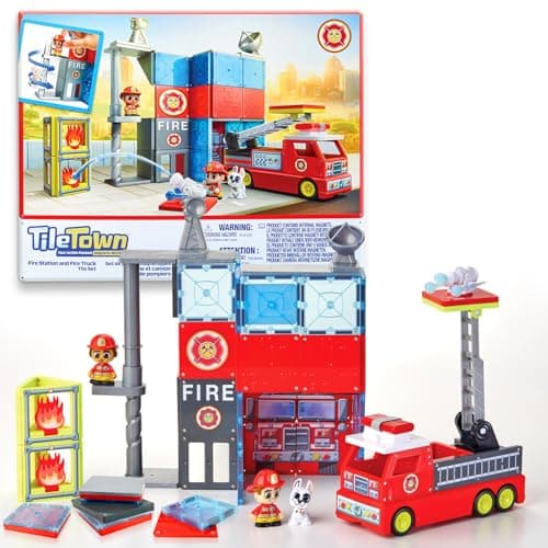 Image of Tile Town Fire House + Firetruck Magnetic Tiles Building Playset & Vehicle w/ Lights & Sounds + Figures, Kids 3-5+, New ACTION TILES for Action Play, STEM Creative Toy, Great Gift for Boys & Girls