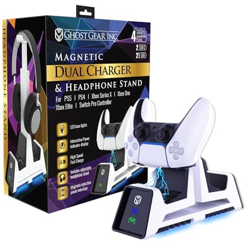 Image of Ghost Gear Charging Station for PS5, PS4, Xbox Series X, S, Xbox Elite, Xbox One, Switch Controllers, Dual Charger with Headphone Stand (White with Blue LED Glow)