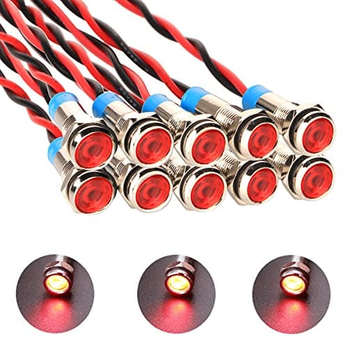 Image of Gebildet 10pcs 6mm 1/4" AC/DC 12-24V LED Metal Indicator Light Waterproof Signal Lamp Pilot Dash Directional with Wire(Red)