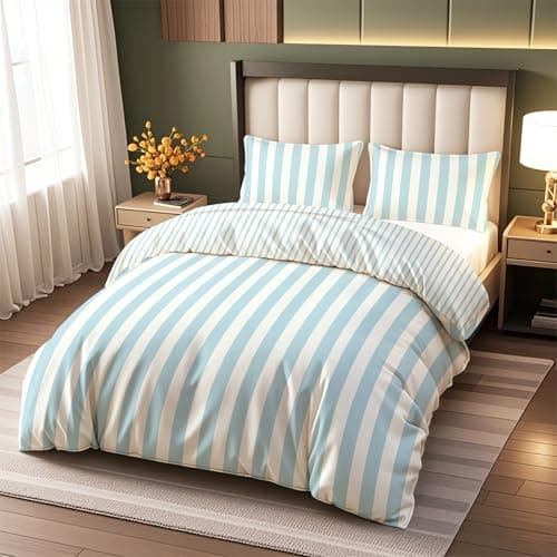 Image of Vryxel Striped Bedding Double Duvet Cover Set Bed Zipper Blue White 200×200CM