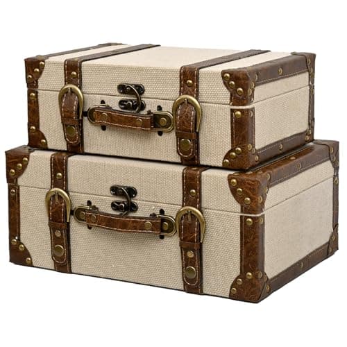 Image of DECOR4SEASON Rustic Linen Decorative Storage Trunk Set, Vintage Canvas Fabric Nested Treasure Chests with Brown PU Leather Trim and Brass Accents, Set of 2 Faux Suitcase Home Decor Boxes