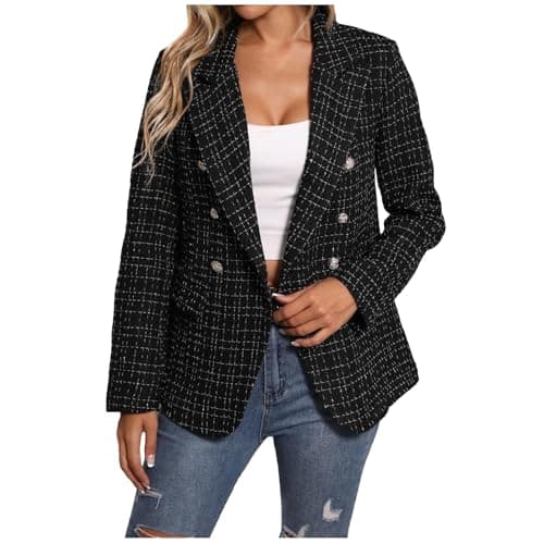 Image of Generic Blazer Ladies Boucle Suit Jacket with Pockets and Button Open Front Fitted Solid Casual Sports Jacket Transition Jacket Windproof Thermal Outdoor Jacket Lightweight Hiking Jacket, O Black, L
